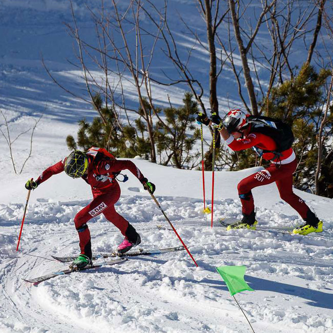 Skibergsteigen Zwei Skibergsteiger beim Aufstieg in einer Kehre